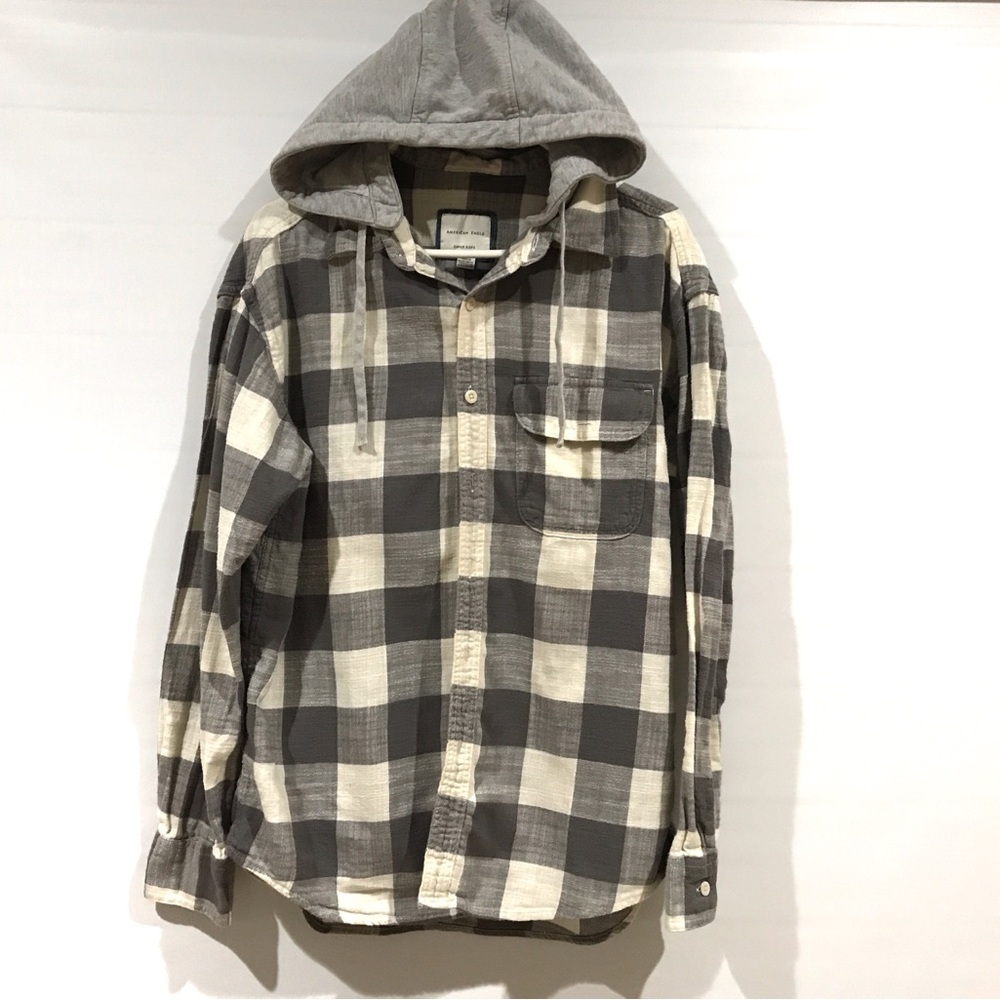 American Eagle 🦅 Men's Gray Plaid Hooded Shirt